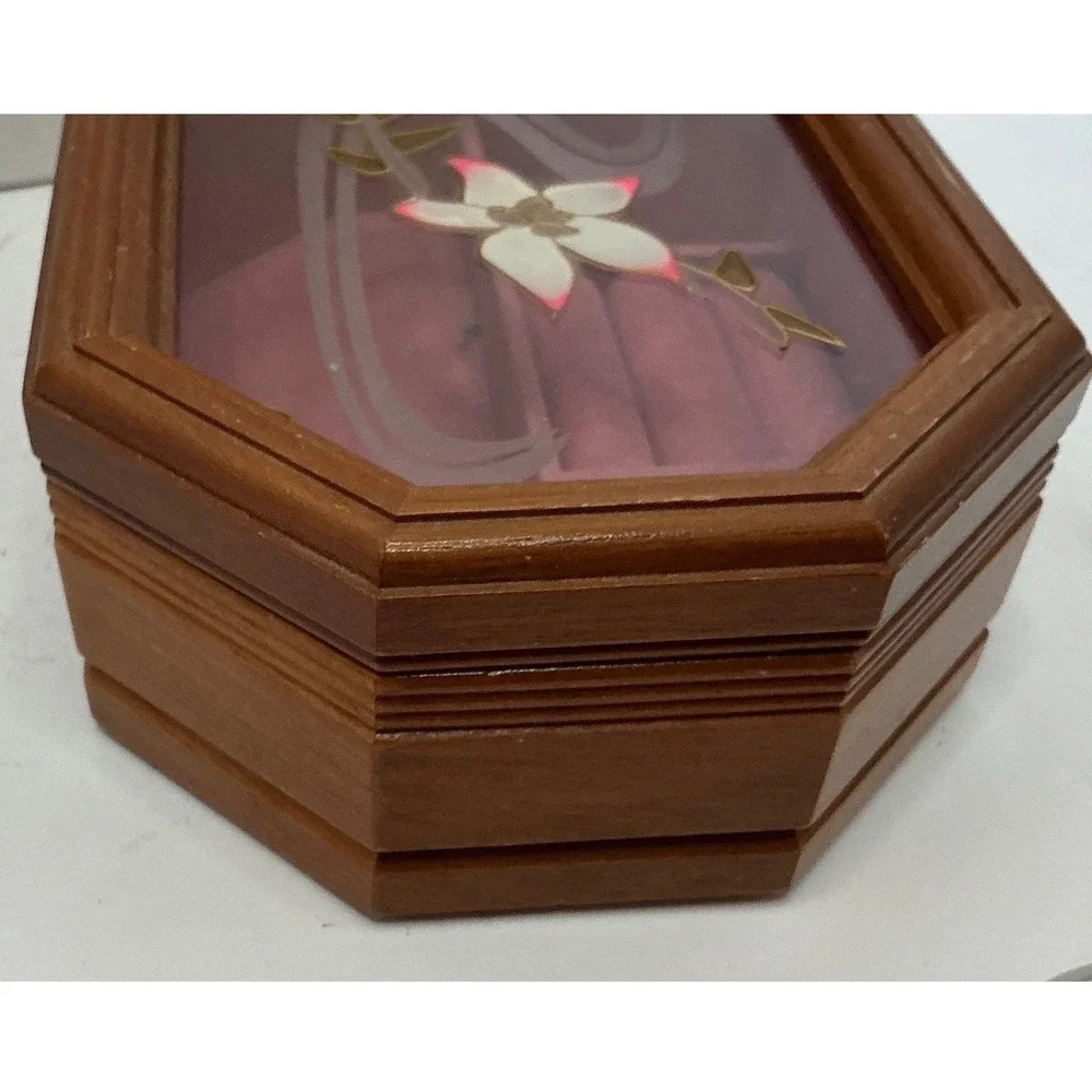 Vintage Wooden Jewelry Box Etched Glass Floral Lid Octagonal Brown